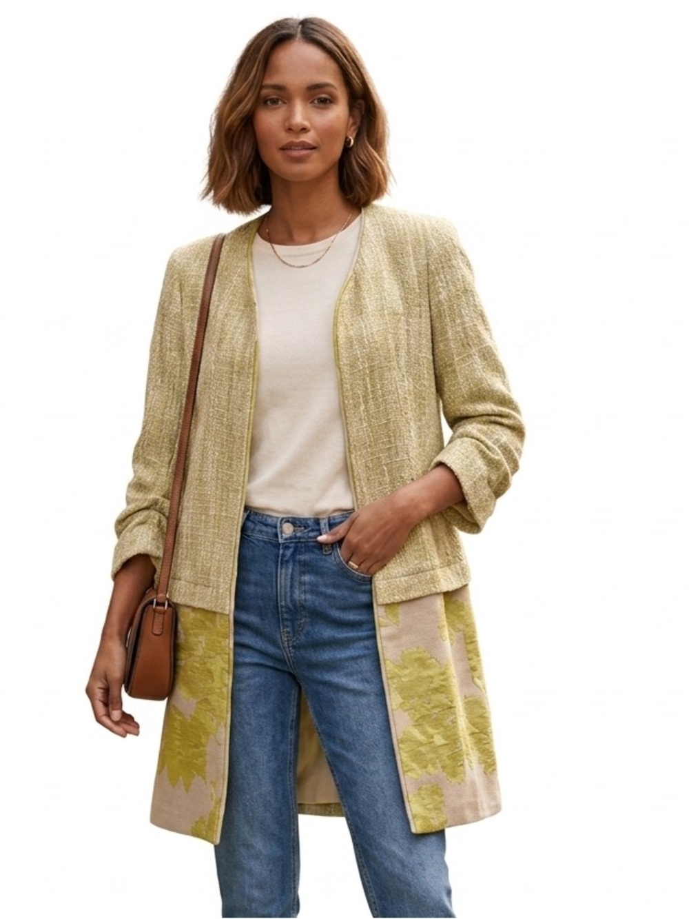 Zara Basic Wowen’s Woven Floral Yellow & Cream Long Jacket Blazer Size Medium